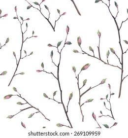 Watercolor twigs pattern. Seamless floral texture with branches, flower buds and leaves. Vector spring repeating background