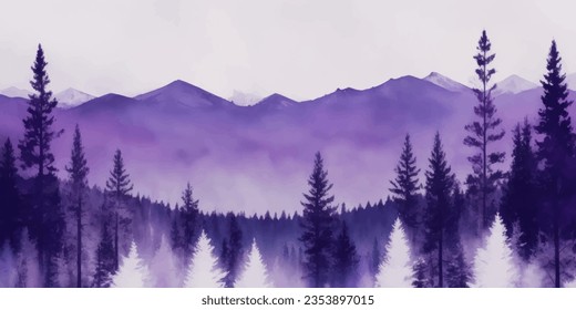 Watercolor twilight winter forest landscape background. Beautiful watercolor nature landscape with mountains and forest.Watercolor illustration design elements for  landscape background and wallpaper.