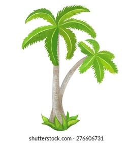 Watercolor two green coconut palm trees, island closeup isolated on white background. Hand painting on paper
