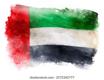 Watercolor UAE flag, vibrant colors, artistic representation, national pride, abstract design, cultural symbol.