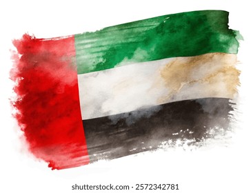 Watercolor UAE flag, vibrant colors, artistic representation, national pride, cultural symbol, abstract design.