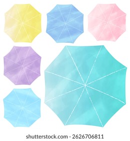 Watercolor umbrella illustrations: A set of colorful umbrellas seen from above