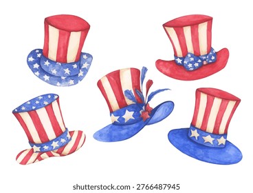 Watercolor Uncle Sam hat illustration, American flag red white blue star and stripes cap design, 4th of July Independence Day celebration decor, USA patriotic holiday accessory vintage retro symbol