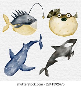 watercolor underwater animal collection set