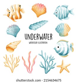 Watercolor underwater creatures, ocean. Vector illustration