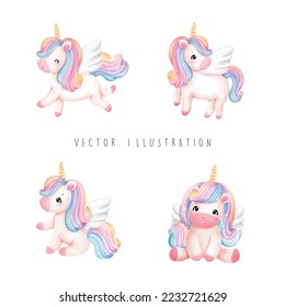 Watercolor unicorn, magical unicorn vector illustration