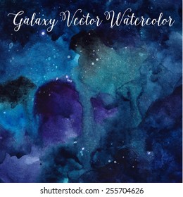 Watercolor universe space texture with glowing stars. Night starry sky with paint strokes and swashes. Vector illustration of nebula.