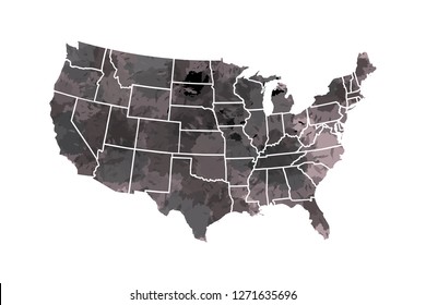 Watercolor USA map vector in black painting color with borders of the states on white background illustration