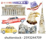 Watercolor USA Symbols and American Culture Illustration Set - Hand-Painted, Patriotic, Landmark Style - Lincoln Memorial, Mount Rushmore, Chrysler Building, Bald Eagle, Classic Taxi