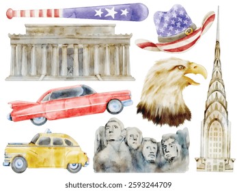 Watercolor USA Symbols and American Culture Illustration Set - Hand-Painted, Patriotic, Landmark Style - Lincoln Memorial, Mount Rushmore, Chrysler Building, Bald Eagle, Classic Taxi