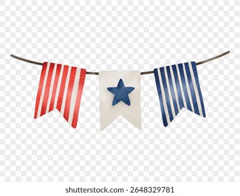Watercolor USA themed bunting with stars and stripes, ideal for American Independence Day celebrations. vector.