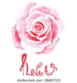watercolor valentine background with rose and lettering
