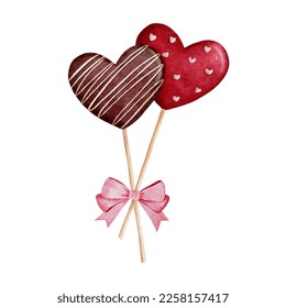 Watercolor Valentine chocolate heart shaped lollipops bouquet