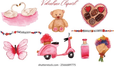 watercolor valentine dat clipart design vector hand painted, swan, teddy bear, chovolate, butterfly, vespa, poison, and bouquet