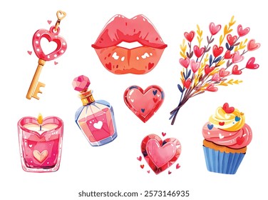 watercolor Valentine s Day party decoration vector set. Love. romantic holiday celebration elements cake, heart balloons, flower bouquet, gift, champagne bottle.