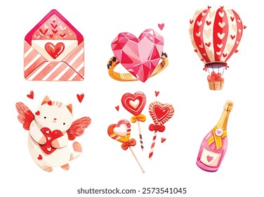 watercolor Valentine s Day party decoration vector set. Love. romantic holiday celebration elements cake, heart balloons, flower bouquet, gift, champagne bottle.