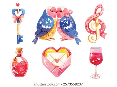 watercolor Valentine s Day party decoration vector set. Love. romantic holiday celebration elements cake, heart balloons, flower bouquet, gift, champagne bottle.