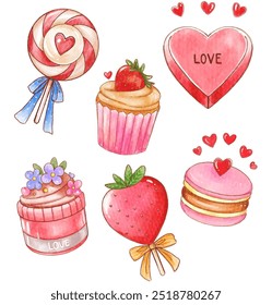 Watercolor Valentine Sweets and Hearts Collection.watercolor illustrations of Valentine-themed sweets, including a lollipop, cupcake, macaron, and candies with hearts and love inscriptions.