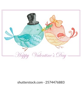 Watercolor valentine's day birds with hat leaves in mouth, couple birds valentine vector