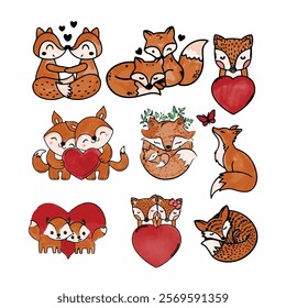 Watercolor Valentines Day cute couple fox clipart, valentine animal illustration for t-shirts
