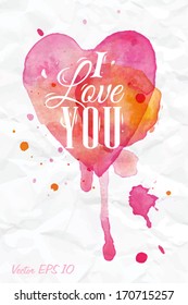 Watercolor valentines day heart lettering I love you in pink, red and orange color on light background.