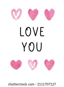 Watercolor valentines day heart and lettering inscription Love you