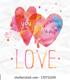 Watercolor valentines day hearts lettering you my love in pink, red, blue and orange color on light background.