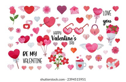 Watercolor valentines day love elements set for decoration, print, banner, card design