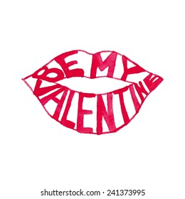 Watercolor Valentine's Day objects set. Hand drawn kiss lips lettering in vector