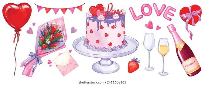 watercolor Valentine's Day party decoration vector set. Love. romantic holiday celebration elements cake, heart balloons, flower bouquet, gift, champagne bottle. 