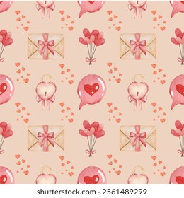 Watercolor Valentine's day seamless pattern in vintage illustration style, scene is cheerful and festive with balloon, envelope and more. Design texture ideal for printing fabric and paper.