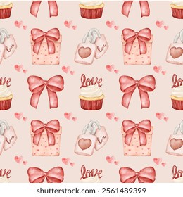 Watercolor Valentine's day seamless pattern in vintage illustration style, scene is cheerful and festive with cupcake, bow and more. Design texture ideal for printing fabric and paper.