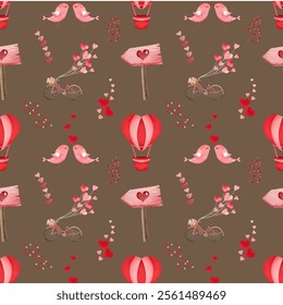 Watercolor Valentine's day seamless pattern in vintage illustration style, scene is cheerful and festive with air balloon, bird and more. Design texture ideal for printing fabric and paper.