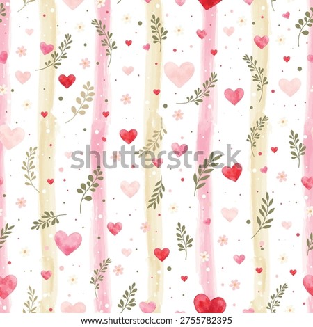 Watercolor valentines day seamless pattern with pink hearts and green leaves on striped background. Romantic floral vector illustration for wrapping paper, textile, wallpaper.