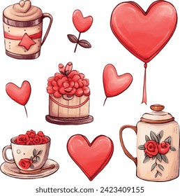 Watercolor valentines day set, romantic elements.Red rose heart wreath, heart baloons, cupcake. Elegant style. Hand-drawn illustration.Wedding and bridal shower set