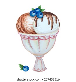 Watercolor vanilla and chocolate ice cream in a ceramic ramekin and blueberries isolated on white background. Vector illustration for your design.