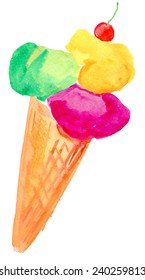 Watercolor vanilla ice cream with cherry. Vector illustration.