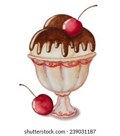 Watercolor vanilla ice cream in a sundae dish with chocolate and cherry. Vector illustration.