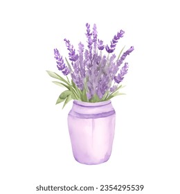 Watercolor vase with lavender bouquet flowers isolated on white background