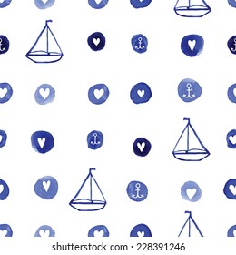 Watercolor vectoe blue color seamless pattern  with  circle, heart and ship. EPS 10