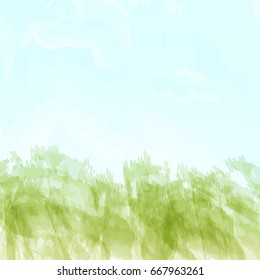 Watercolor vector abstract background with green grass, blue sky and white clouds.