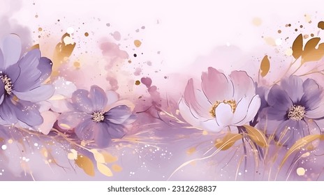 Vector de acuarela fondo abstracto de flores moradas y doradas