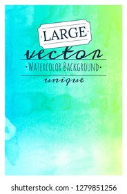 Watercolor vector abstract teal-blue background of splashes. Hand drawn watercolor on paper textures.