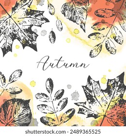Watercolor vector abstract template  with leaves in brown, grey and red colors. Vintage design with drops, splashes and space for text