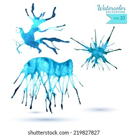 Watercolor vector abstract winter blue splash set. Watercolor drop, isolated design elements on white background