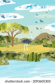 Watercolor vector african landscape with ostrich, mountain, tree and river. Nature illustration for print, postcard, banner, book
