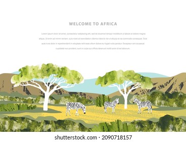 Aquarell, Vektorlandschaft Afrikas. Vorlage mit Zebras, Bäumen, Bergen und Platz für Text. Banner mit Tieren für Touristen, Safari, Buch und Zoo