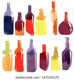 Watercolor vector alcoholic set. Watercolor bottle collection