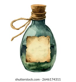 Um vetor aquarela de garrafa de alquimia antiga com rótulo, isolado no fundo branco.