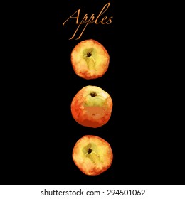 Watercolor vector apples isolated on dark background. 